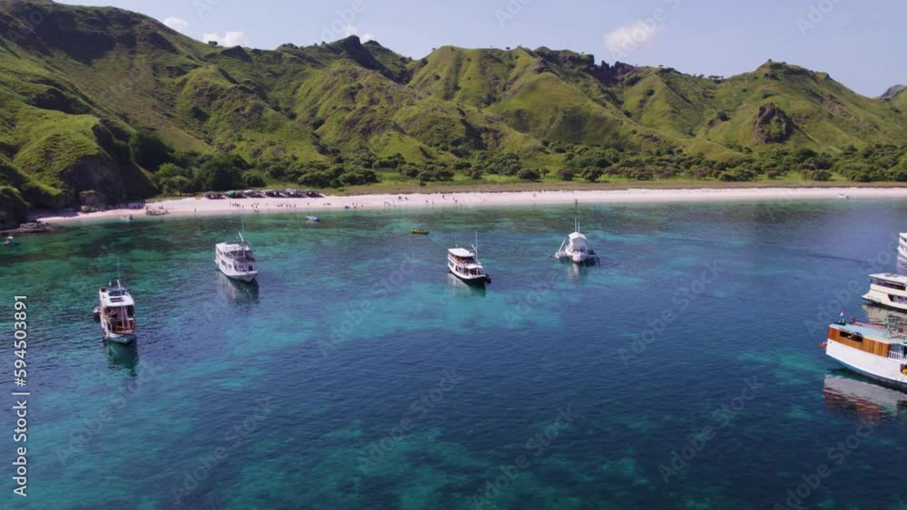 Tourism Yacht Boats in Tropical Komodo Island Bay, Paradisiacal Aerial Tourism Yacht Boats in Tropical Komodo Island Bay, Paradisiacal Aerial
