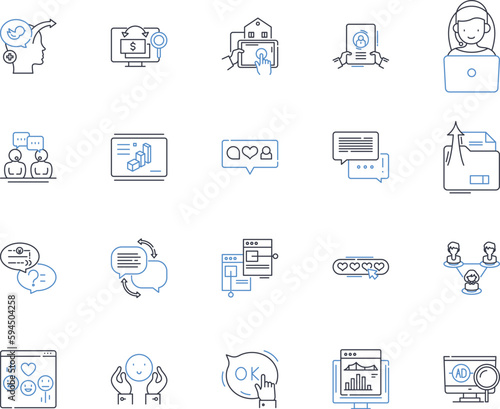 Mobile advertising line icons collection. Adtech, App, Banner, Clickthrough, Conversion, CPI Cost per Install, CTR Clickthrough Rate vector and linear illustration. Gamification,Geofencing,Impressions