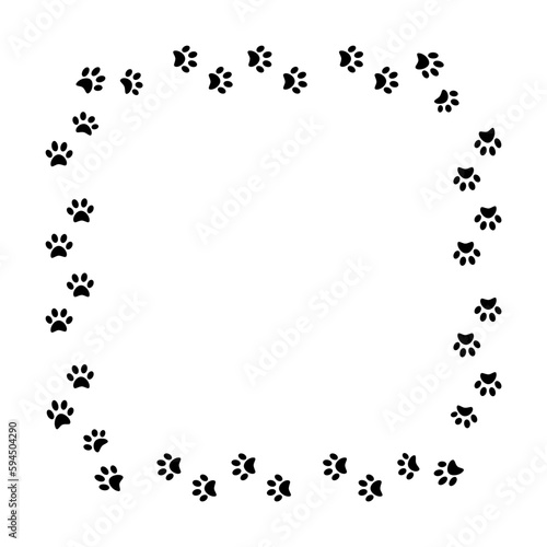 Pads of cat paws square frame. Animal paw prints on ground. Pets and wild animals. Simple black and white vector isolated on white background