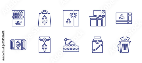 Eco packaging line icon set. Editable stroke. Vector illustration. Containing eco packaging, bag, paperboard, waste plastic, waste bin.