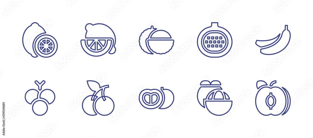 Fruit line icon set. Editable stroke. Vector illustration. Containing lemon, lychee, pomegranate, bananas, grape, cherries, tomato, mangosteen, apricot.