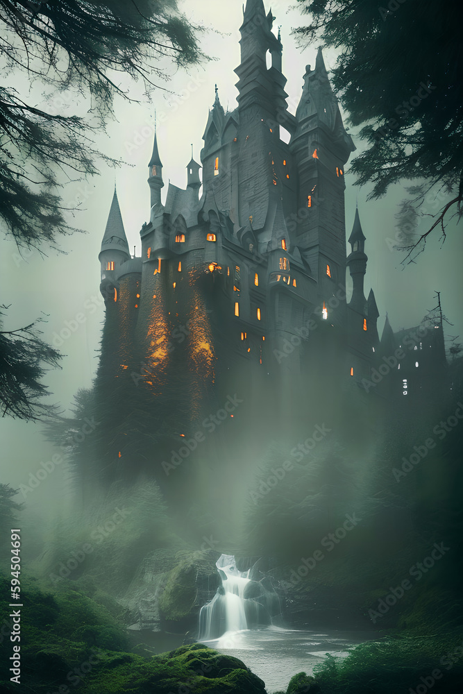 Fantasy forest scenery magical castle landscape