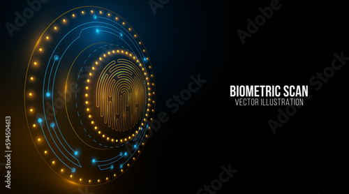 Biometric verification background for your technology design. Glowing HUD with fingerprint for UI design. Storage of network user data. Vector illustration