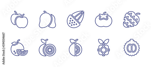Fruit line icon set. Editable stroke. Vector illustration. Containing apples  mango  almond  tomato  custard apple  orange  breast milk fruit  blackberry  durian.
