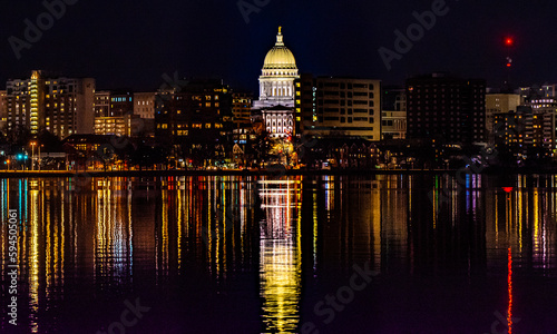 Reflection of the capitol building on Lake Monona, Madison Wisconsin photo