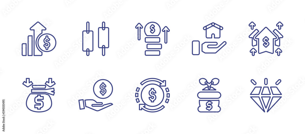 Investment line icon set. Editable stroke. Vector illustration. Containing profit, candle, investment, income, collect, money, money exchange, diamond.