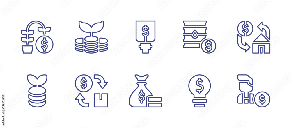 Investment line icon set. Editable stroke. Vector illustration. Containing debt, investment, idea, oil, mortgage, cash flow, money bag, investor.