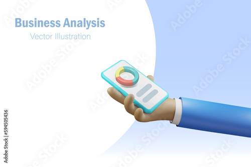 Businessman hand holding smartphone with graph chart analysis. Online technology for business. 3D vector.
