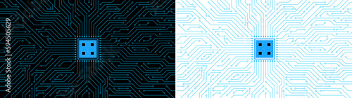 circuit board with blue line and chip processor in the middle transparent background