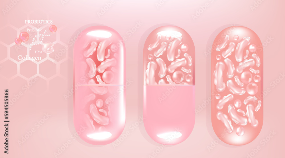 Probiotic and Hyaluronic acid skin solutions ad, pink collagen, and vitamin serum drop with cosmetic advertising background ready to use illustration vector. Probiotic and Hyaluronic acid skin solutions ad, pink collagen, and vitamin serum drop with cosmetic advertising background ready to use illustration vector.