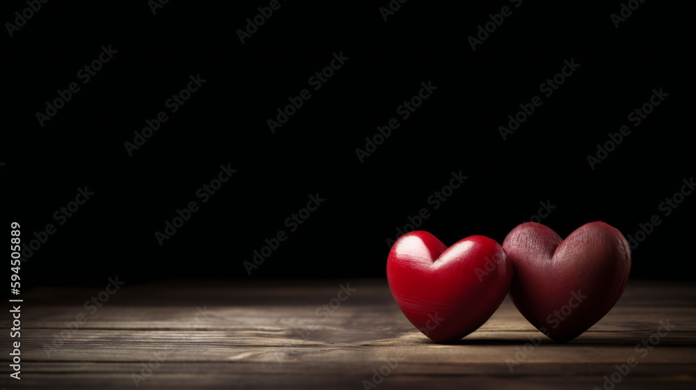 Two heart on rustic wooden floor against dark wall with copy space. generative ai Two heart on rustic wooden floor against dark wall with copy space. generative ai