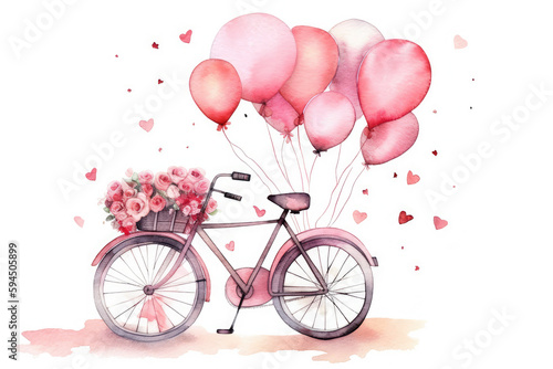 Watercolor bicycle with many pink cute heart shape balloons illustration banner, Valentine and love graphic resource. Space for copy, generative AI © Kien