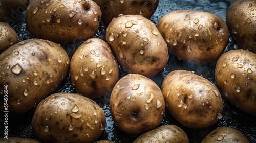 Fresh organic potato stand out among many large background potatoes in the market. Heap of potatoes root. Close-up potatoes texture. Macro potaton With Generative AI photo