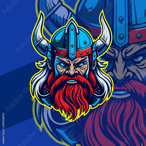 God Odin Viking with Helmet, Axes, Armor on the Red background. Hand-drawn illustration for mascot sport logo badge label sign poster emblem patch t-shirt printing. Vector Logo