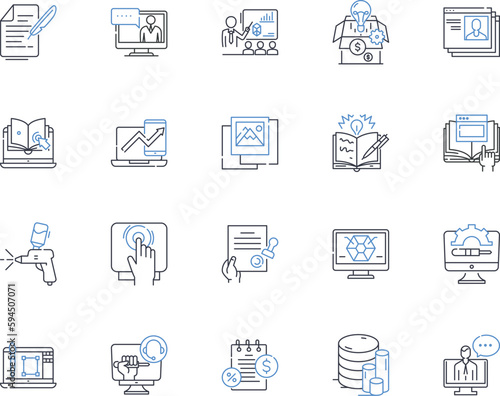 Sales training line icons collection. Coaching, Techniques, Motivation, Pitching, Prospecting, Negotiation, Closing vector and linear illustration. Strategy,Skills,Objections outline signs set