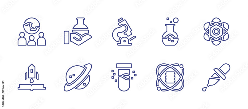 Science line icon set. Editable stroke. Vector illustration. Containing social science, flask, microscope, science, atom, science fiction, saturn, test tube, data science, dropper.