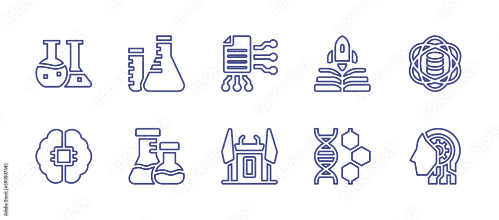 Science line icon set. Editable stroke. Vector illustration. Containing medical lab, science, information system, science fiction, data science, ai, flasks, political science, adn, cyborg.