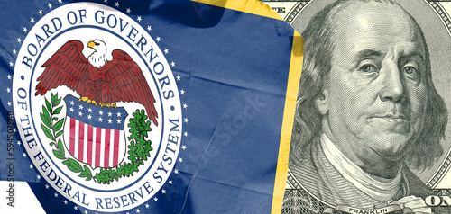 Wallpaper Mural Close-up of Federal Reserve flag with 100 dollar bills. inflation. Rising interest rate conceptual image Torontodigital.ca