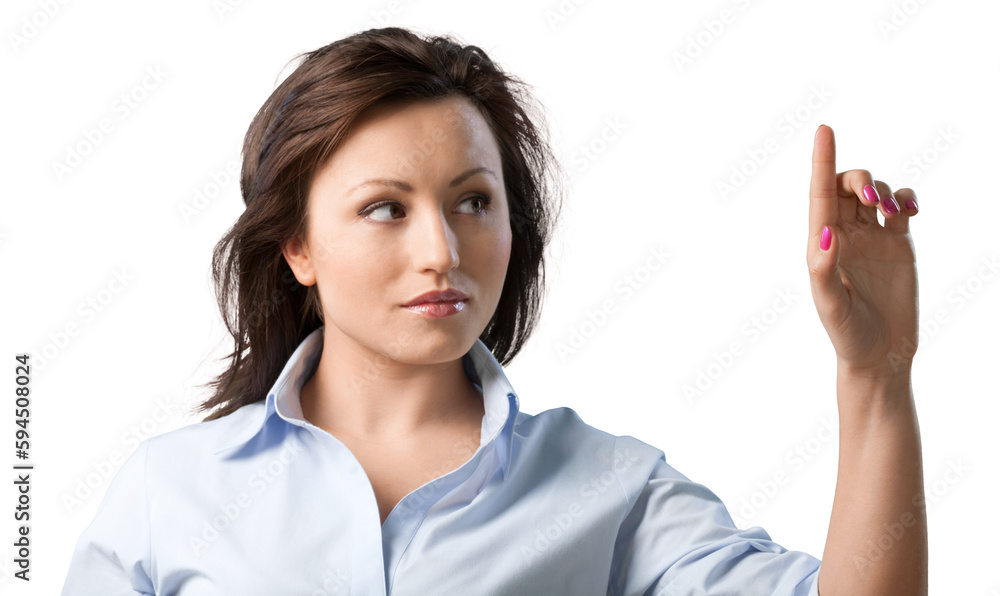 Business woman pointing on virtual screen Business woman pointing on virtual screen