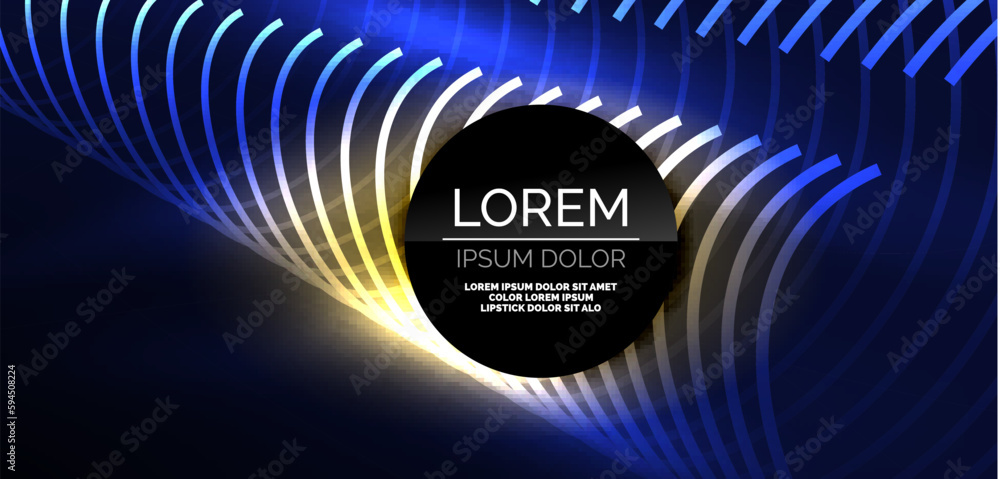 Neon laser lines, circles waves abstract background. Neon light or laser show, electric impulse, power lines, techno quantum energy impulse, magic glowing dynamic lines Neon laser lines, circles waves abstract background. Neon light or laser show, electric impulse, power lines, techno quantum energy impulse, magic glowing dynamic lines
