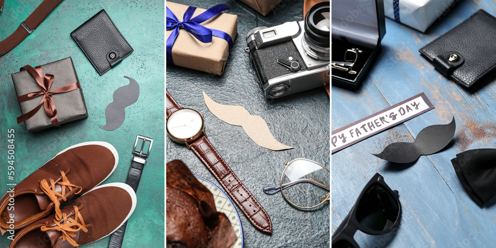 Collage with man's accessories. Father's Day celebration