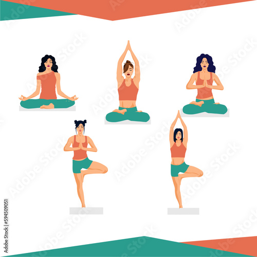 A set of a young woman performing physical exercises and demonstrating yoga asanas on light background. i love yoga. Flat vector illustration.