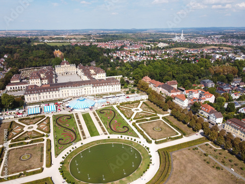 Panoramic view from above on landmarks of Ludwigsburg Palace at summer sunset
