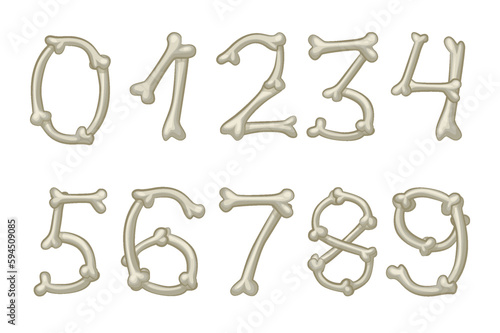 Bones numbers  vector digits. Cartoon isolated numbers on white background