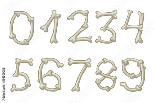 Bones numbers, vector digits. Cartoon isolated numbers on white background