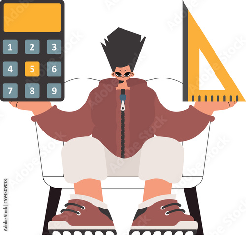 The person holds a ruler and a calculator in his hands, constrained on a white foundation. Trendy style, Vector Illustration