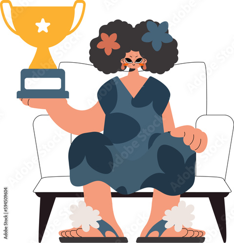 The energetic lady holds the glass of the victor in her hands, kept on a white foundation. Trendy style, Vector Illustration