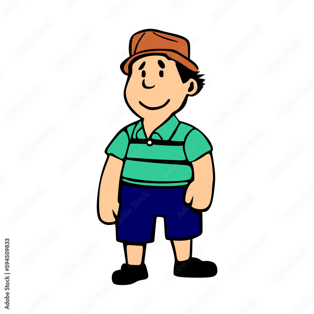 cartoon character people using brown hat green t-shirt and blue jeans 