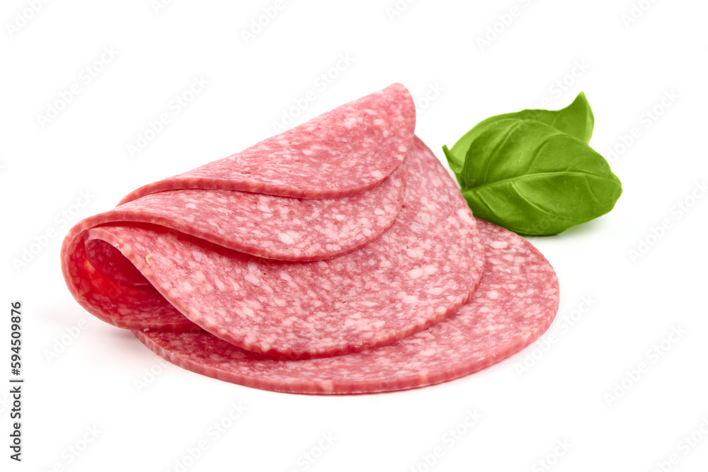Thin salami sausage slices, isolated on white background. Thin salami sausage slices, isolated on white background.