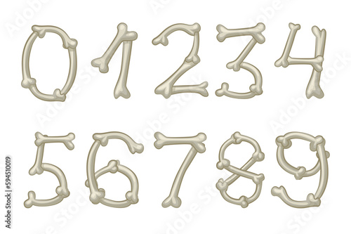 Bones numbers  digits. Cartoon isolated numbers on white background