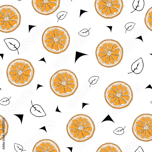 Orange slice print in doodle style, simple vector seamless pattern