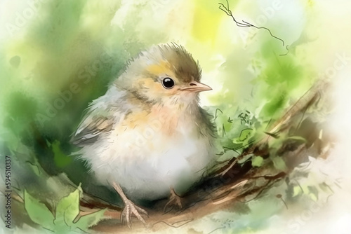 watercolor illustration of little newborn chick on branch
