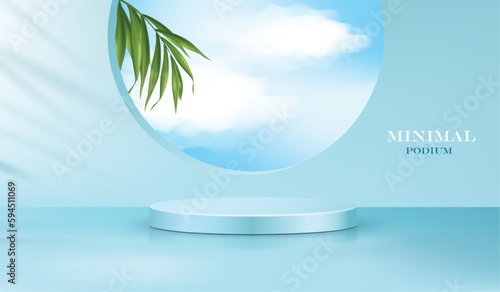 vector illustration blue color round podium in 3d room and palm leaves and blue sky behind the wall.3d illustration. use for cosmetic presentation background.