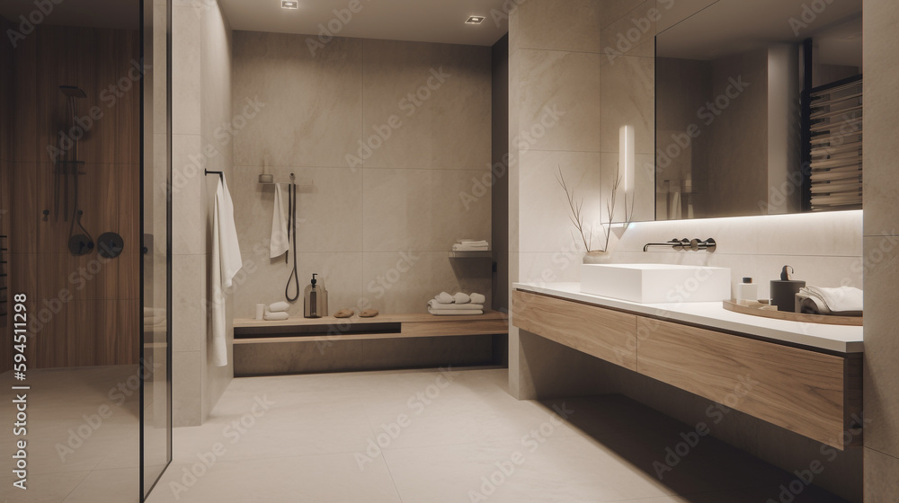 Fototapeta premium a minimalist bathroom with a neutral color, generative ai