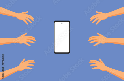 Hands Reaching to Grab a Mobile Phone Vector Concept Illustration. People feeling obsessed with technology rushing to the smartphone
