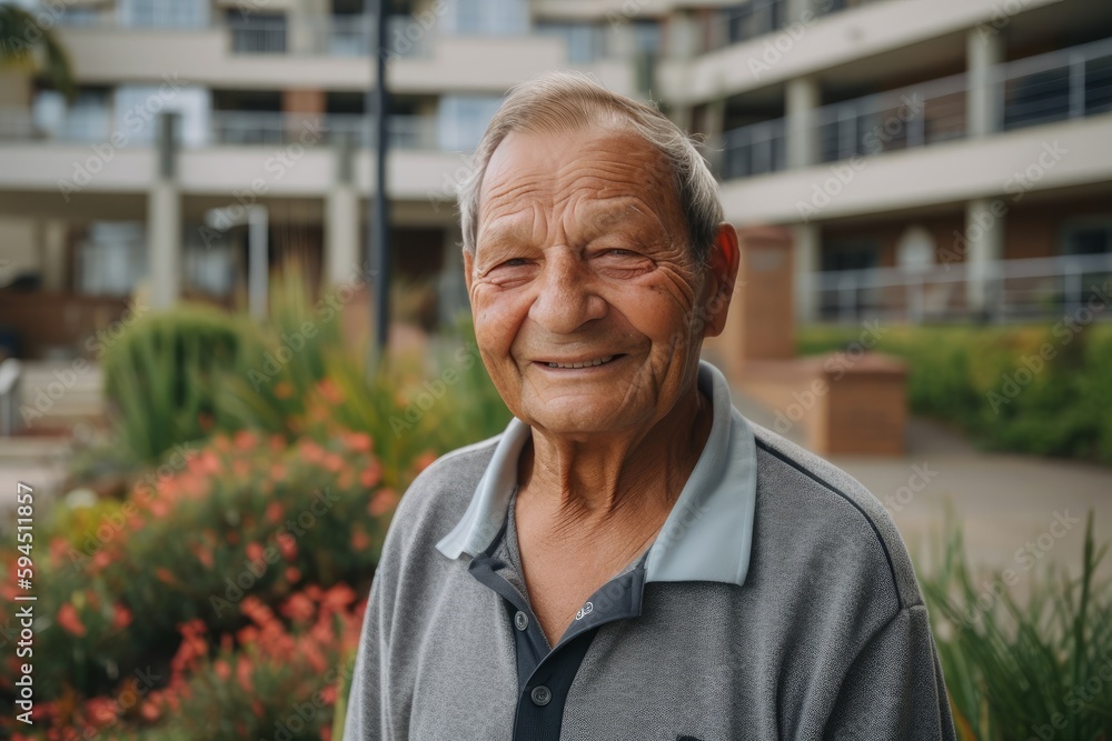 Happy senior man standing in front of his retirement aparrments Happy senior man standing in front of his retirement aparrments