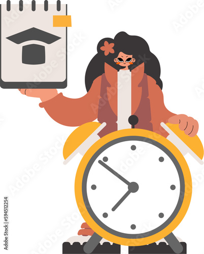 Enthusiastic woman with hypothetical and caution clock, limited on white establishment. Trendy style, Vector Illustration