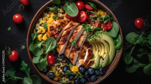 Healthy salad bowl with quinoa, tomatoes, chicken, avocado, lime and mixed greens, lettuce, parsley on wooden background top view. Food and health.   Generative AI photo