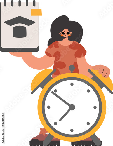 Lively woman with hypothetical and caution clock, isolated on white establishment. Trendy style, Vector Illustration