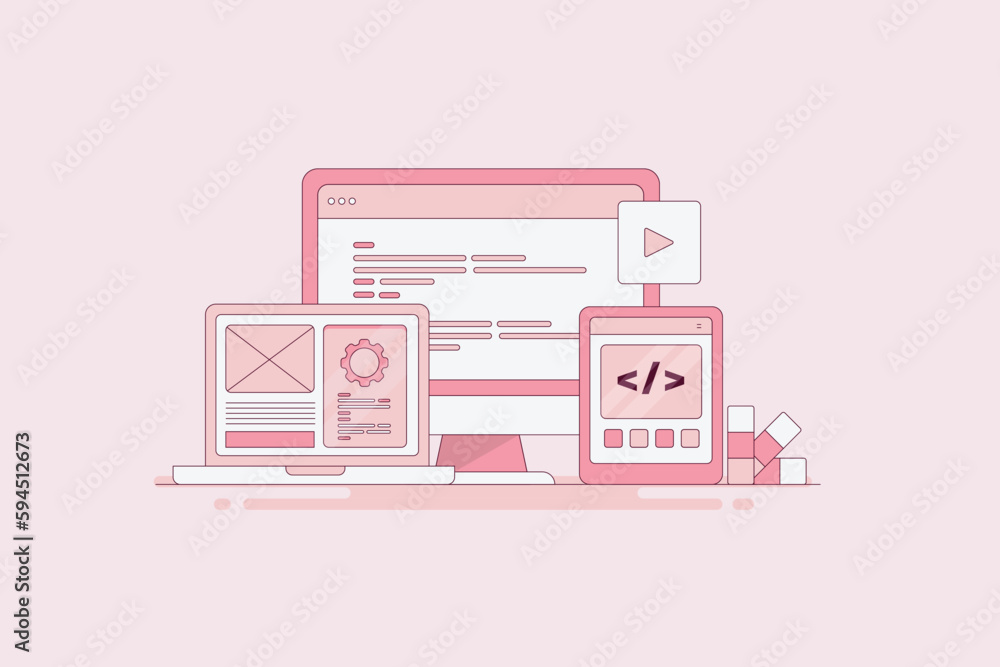 Filled outline illustration concept of Web development, software application, script on computer, code on mobile screen, abstract technology.