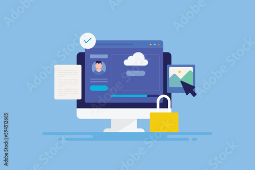 Digital technology website hosting on cloud server, secure cloud data storage, internet service concept vector illustration.