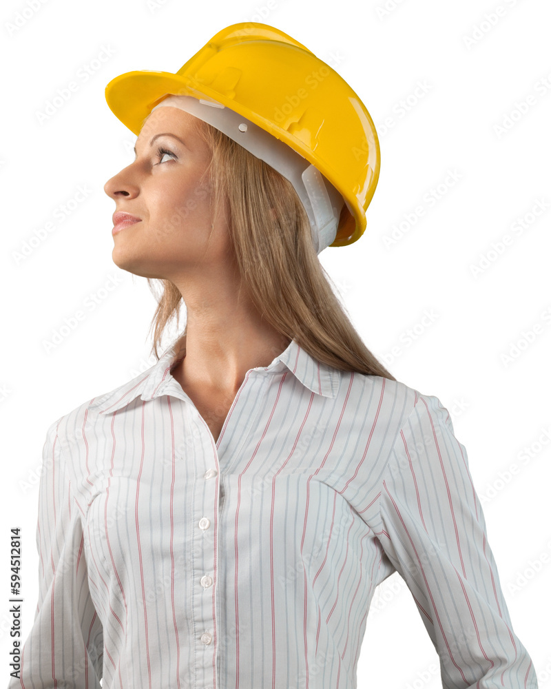 Young business woman in yellow helmet isolated on white background