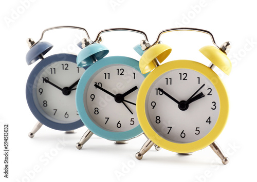 Set of alarm clocks on whit...