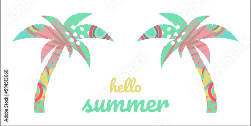 Boho Summer vacation and  watersport on the beach. Card with modern lettering hello summer. Minimal label design for banner, poster, flyer. Vector illustration
