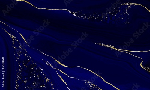Marble Dark Blue and Gold Abstract Background. Fluid Acrulic Art Imitation.