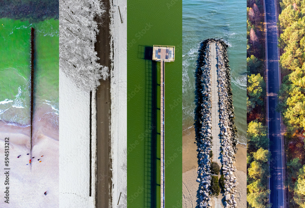 Set with various roads as seen from a drone. Path, road, pier.